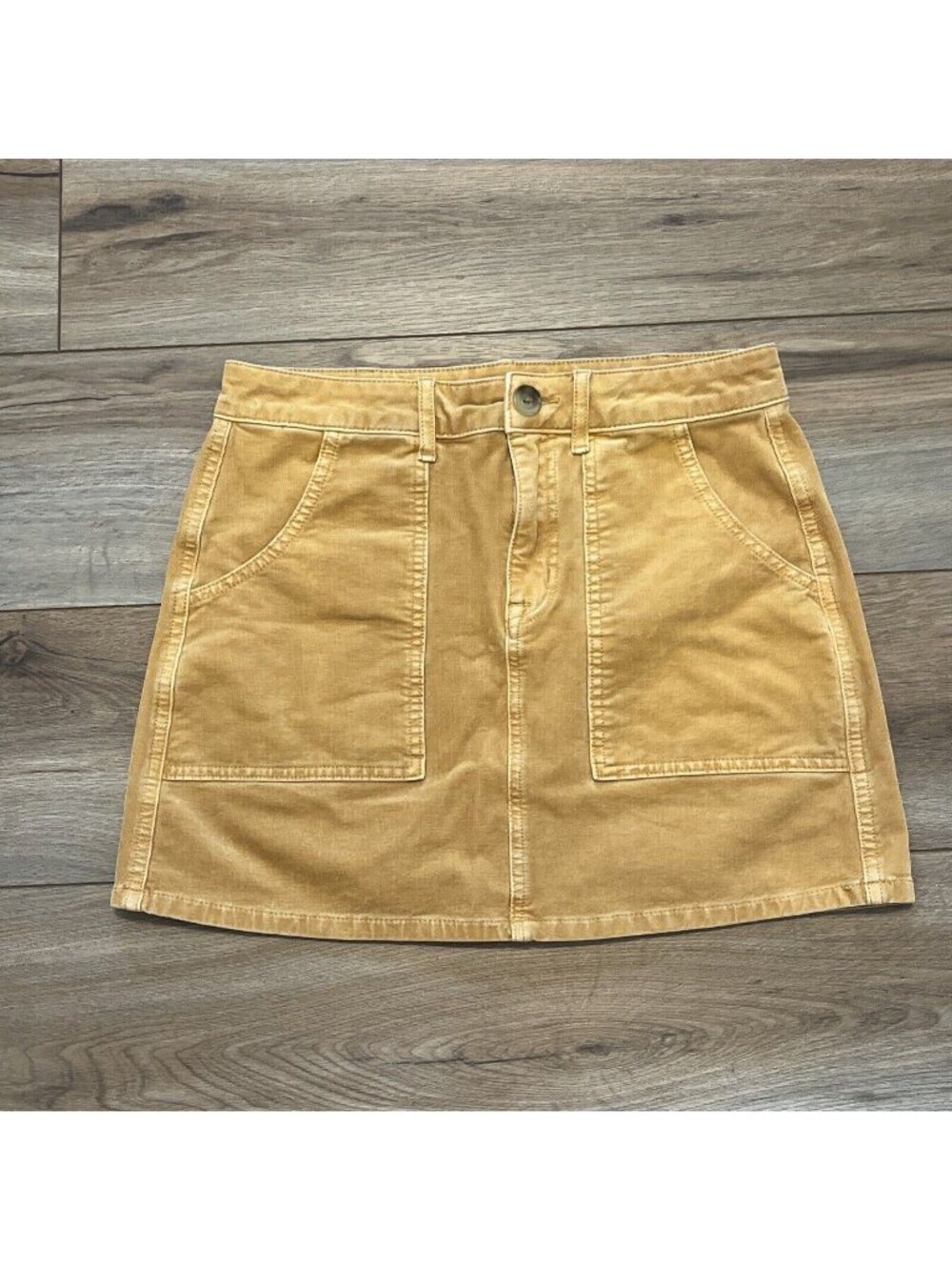 American Eagle Corduroy Skirt SZ 4 Mustard Yellow Hi Rise A-Line Super Stretch
